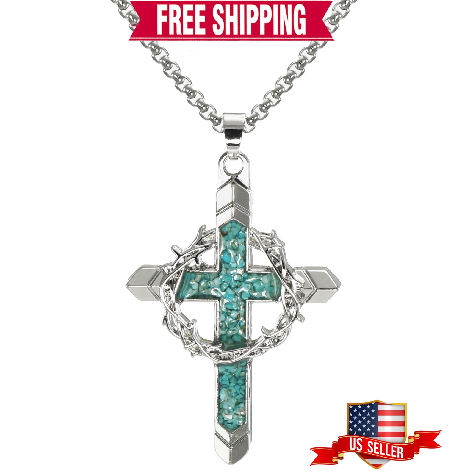 Silver Cross & Crown of Thorns Pendant Turquoise Inlay, Stainless Steel Chain