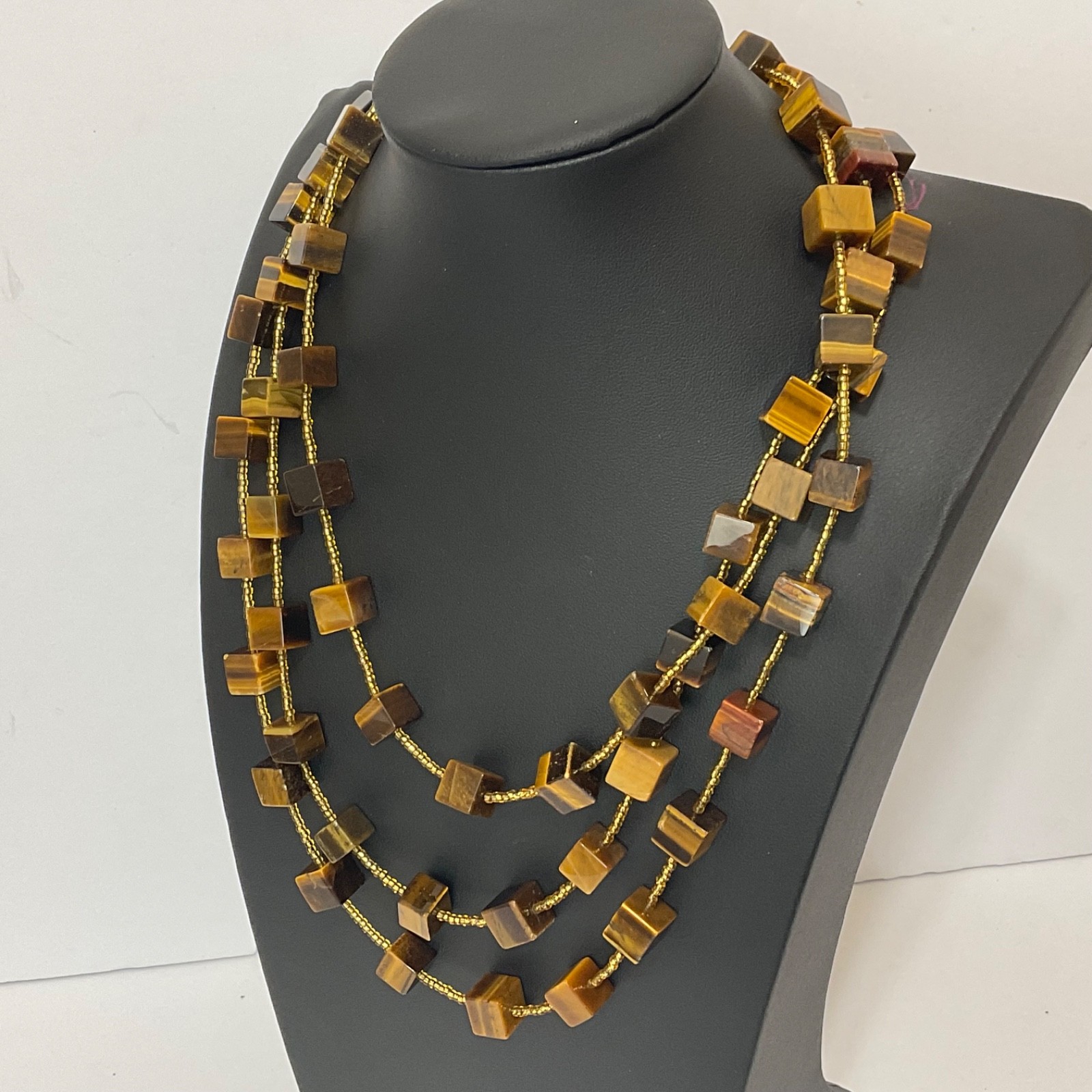 Genuine Tiger’s Eye Cube & Golden Bead Necklace Sterling Silver Toggle 64″ Long
