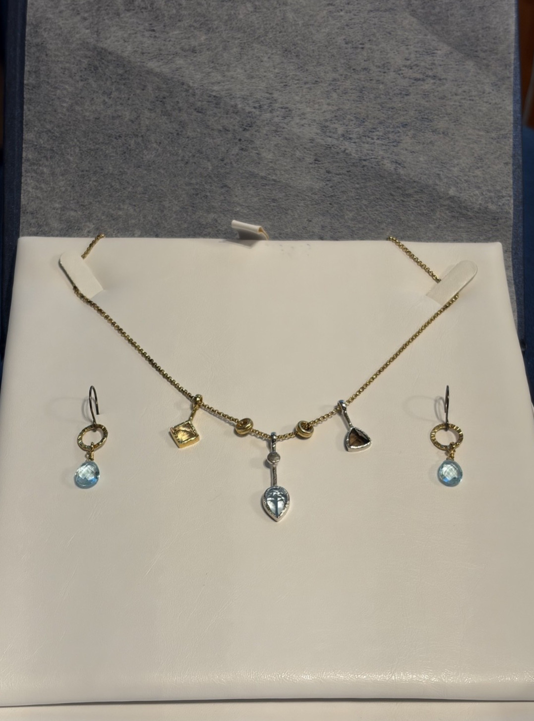 Q Evon Designer Jewelry Set – Gemstone Necklace & Earrings, Topaz Citrine Quartz