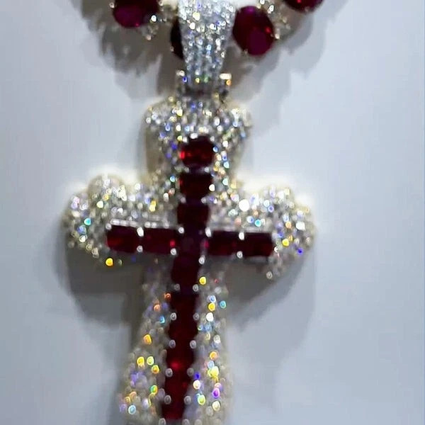 2.90Ct Round Lab Created Red Ruby Cross Religious Pendant 14K White Gold Plated