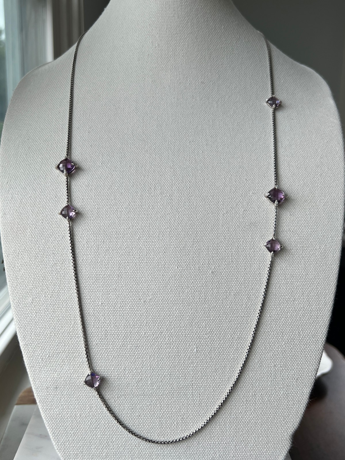 David Yurman Sterling Silver Chatelaine Amethyst Diamond Station Necklace