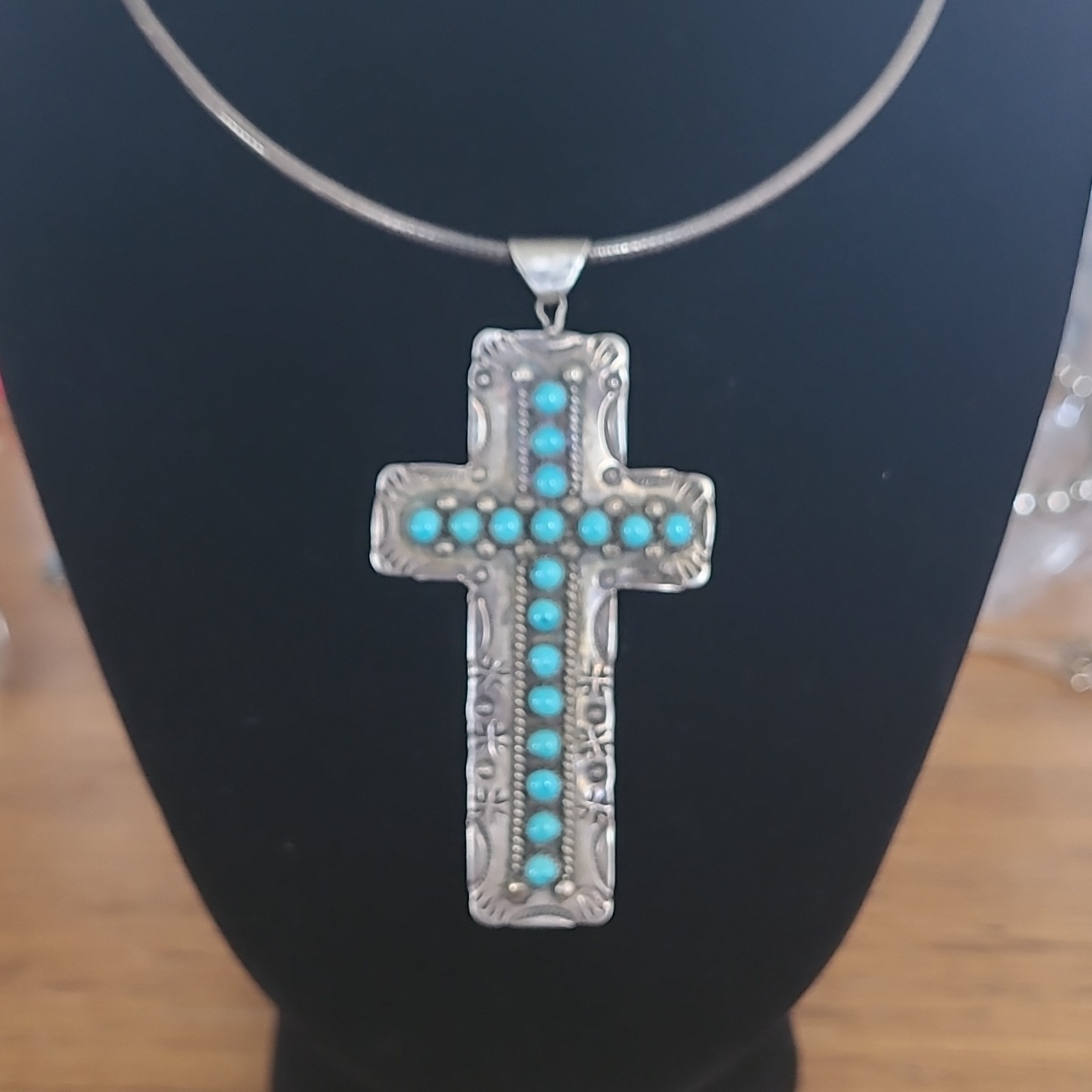 Vtg 925 Sterling Silver ZuniTurquoise Cross Pendant Necklace Snake Chain Lobster