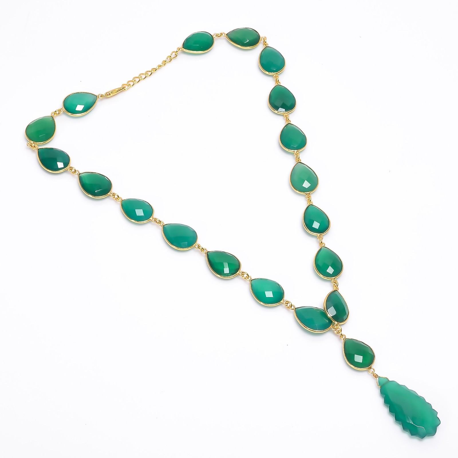 Exclusive Green Onyx Pear Gemstone Charm Necklace Silver or Gold Plated Chain