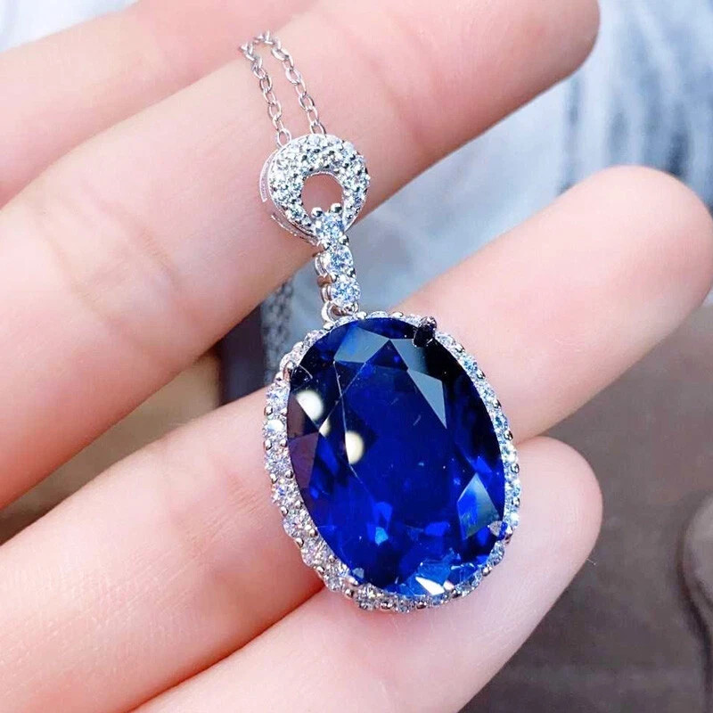 9.60Ct Oval Cut Natural Blue Sapphire & Diamond 14K White Gold Luxury Pendant