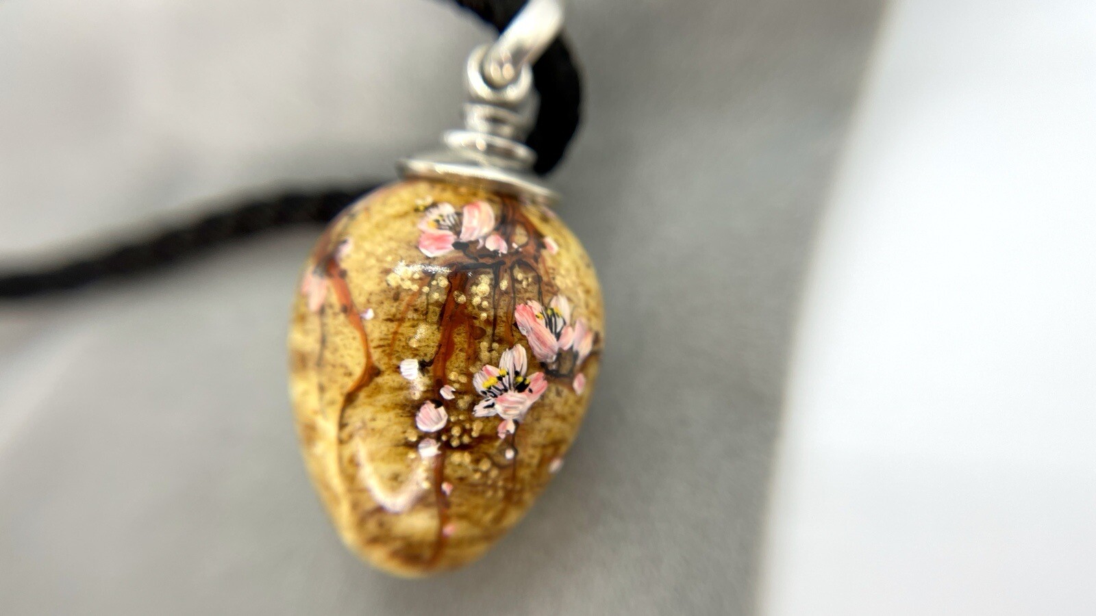 Sakura Tree Flowers Pendant Amber Silk Black Necklace Art Work Handmade Gift Jam