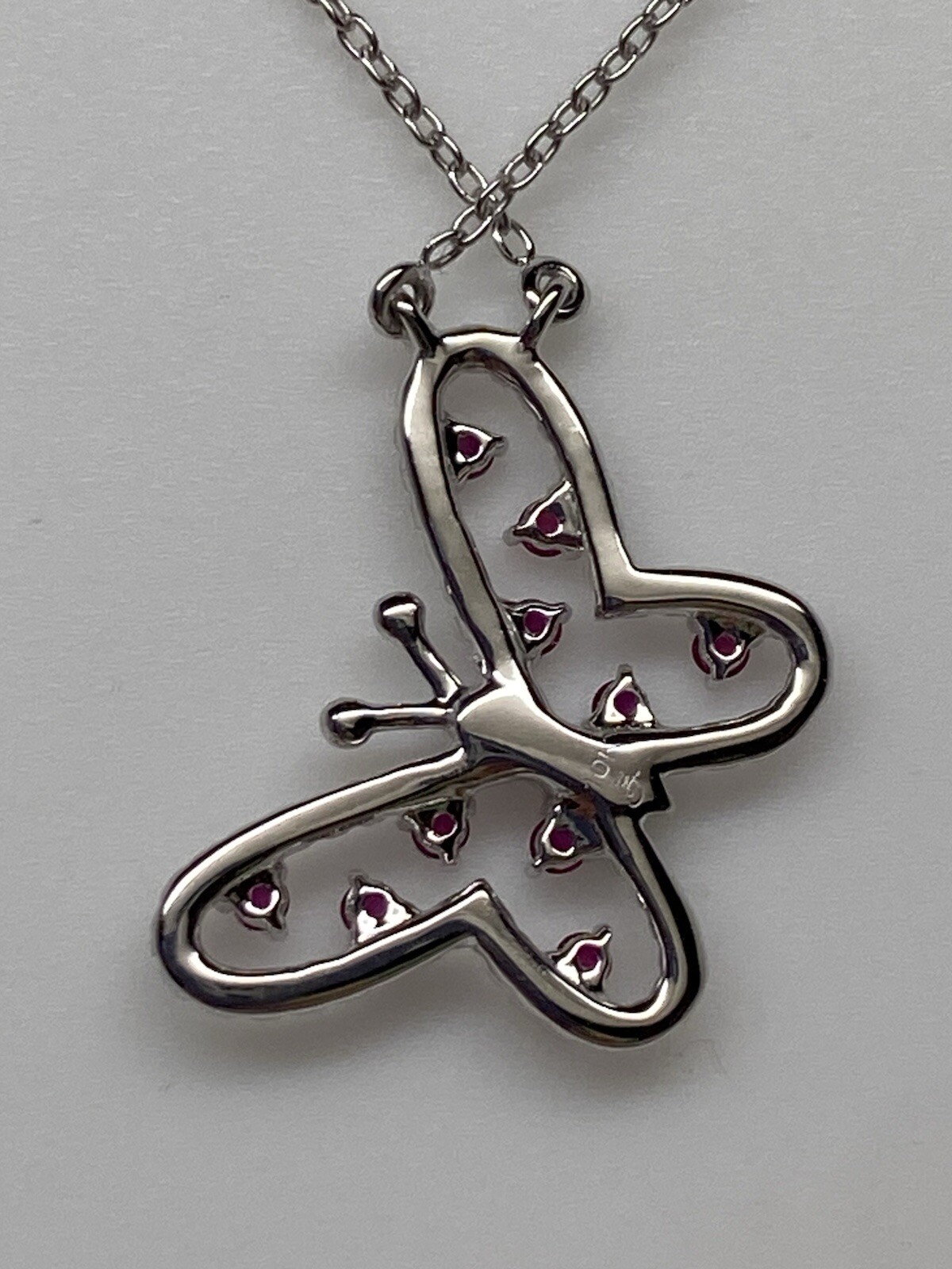 10K White Gold Natural Ruby and 0.20ct Diamond Butterfly Pendant and Chain NEW