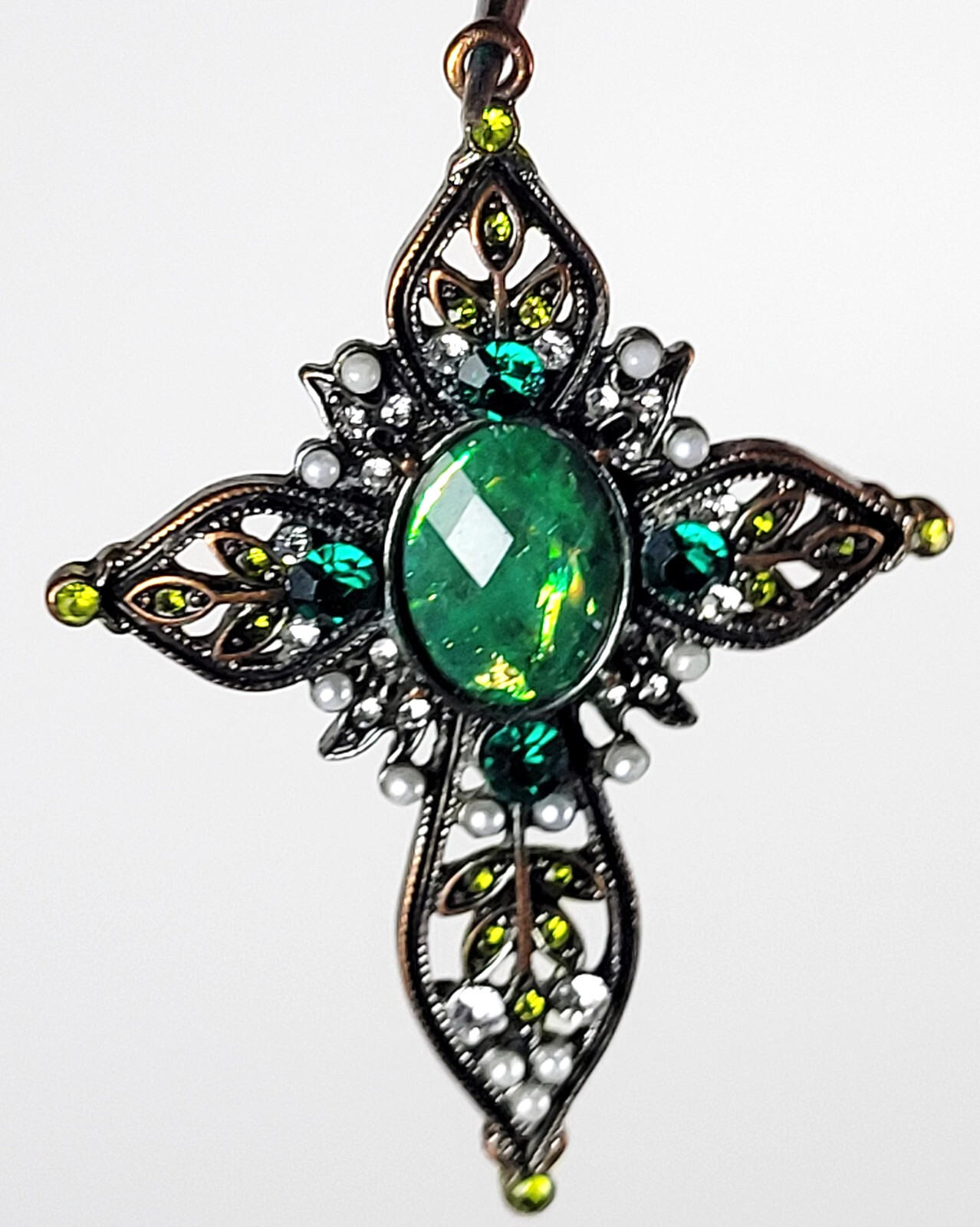 Cross Pendant with Opalescent Green Stone and Faux Pearls – 2 inches Very Good