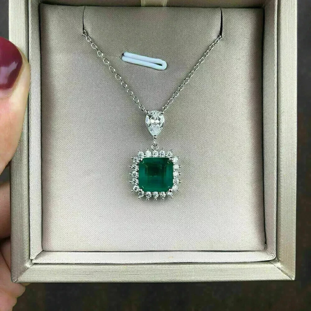 3Ct Asscher Cut Green Emerald Diamond Halo Pendant 14K White Gold Finish Chain