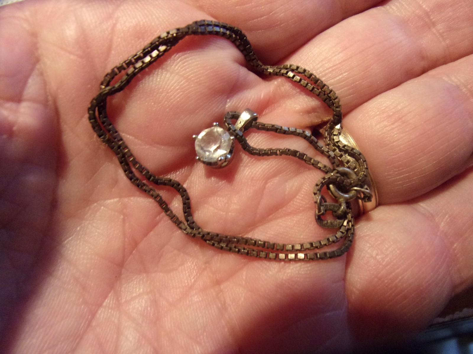 Ladies’ Sterling Silver Necklace-Shiny Stone Pendant 10K GF -Very Good-$8 s/h