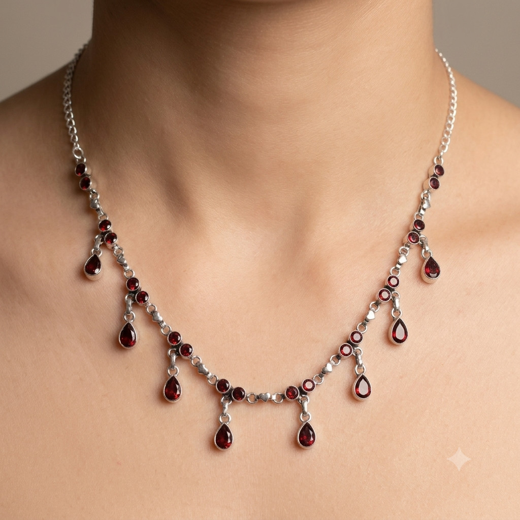 Red Garnet Gemstone Handmade 925 Sterling Silver Jewelry Necklace Size-17-18″