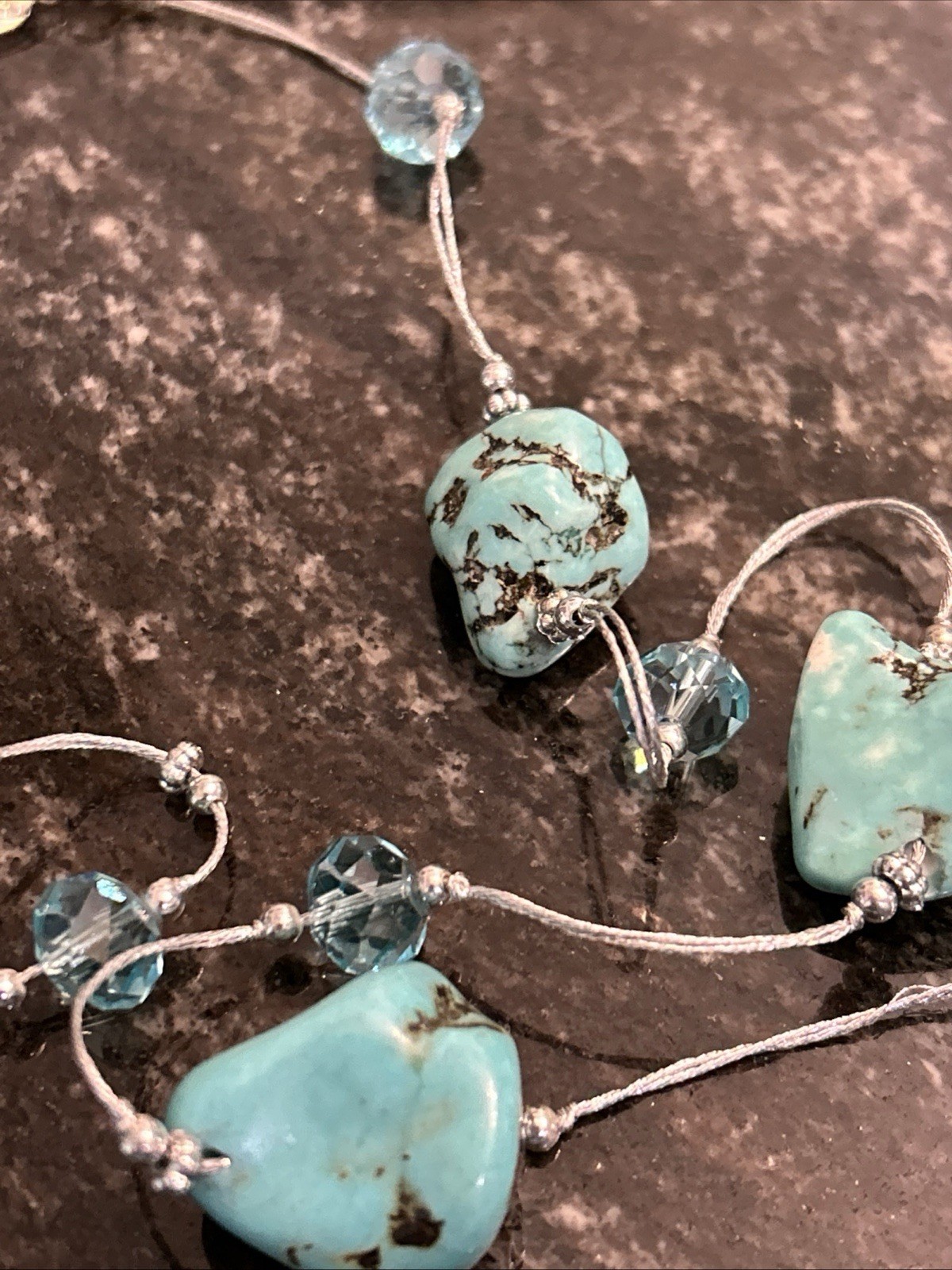 Boutique Turquoise Nuggets w/Crystal Beads Spun Silver Chain Necklace 56” 98.8g