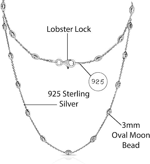 925 Solid Sterling Silver 3MM Diamond Cut Station Oval Moon Bead Necklace Chain
