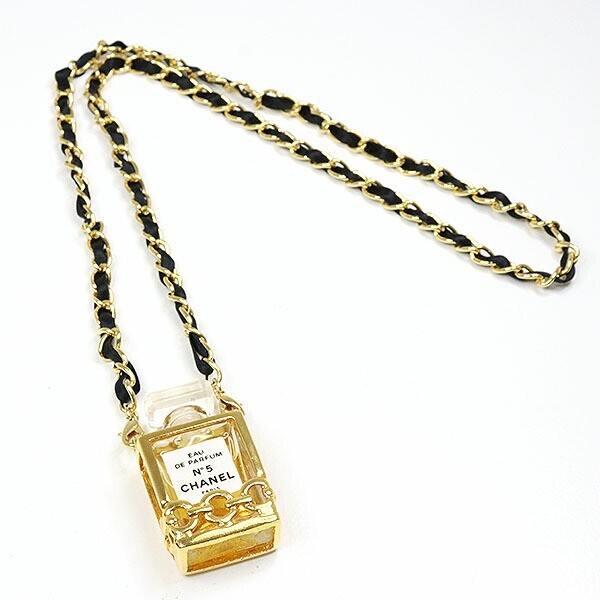 CHANEL No. 5 Perfume Bottle Necklace & Charm Gold Black Perfume Metal/Leather