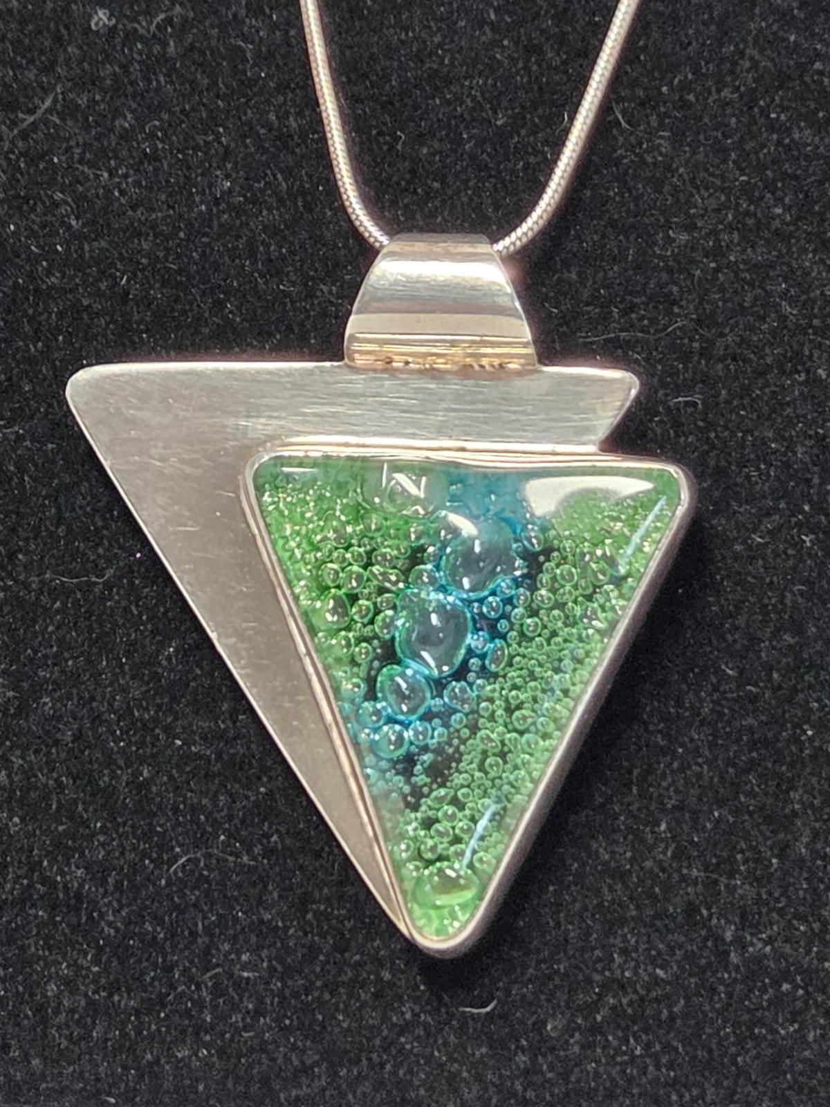 Dichroic Glass Sterling Silver Triangle Pendant Necklace 18″ Green Blue Bubbles
