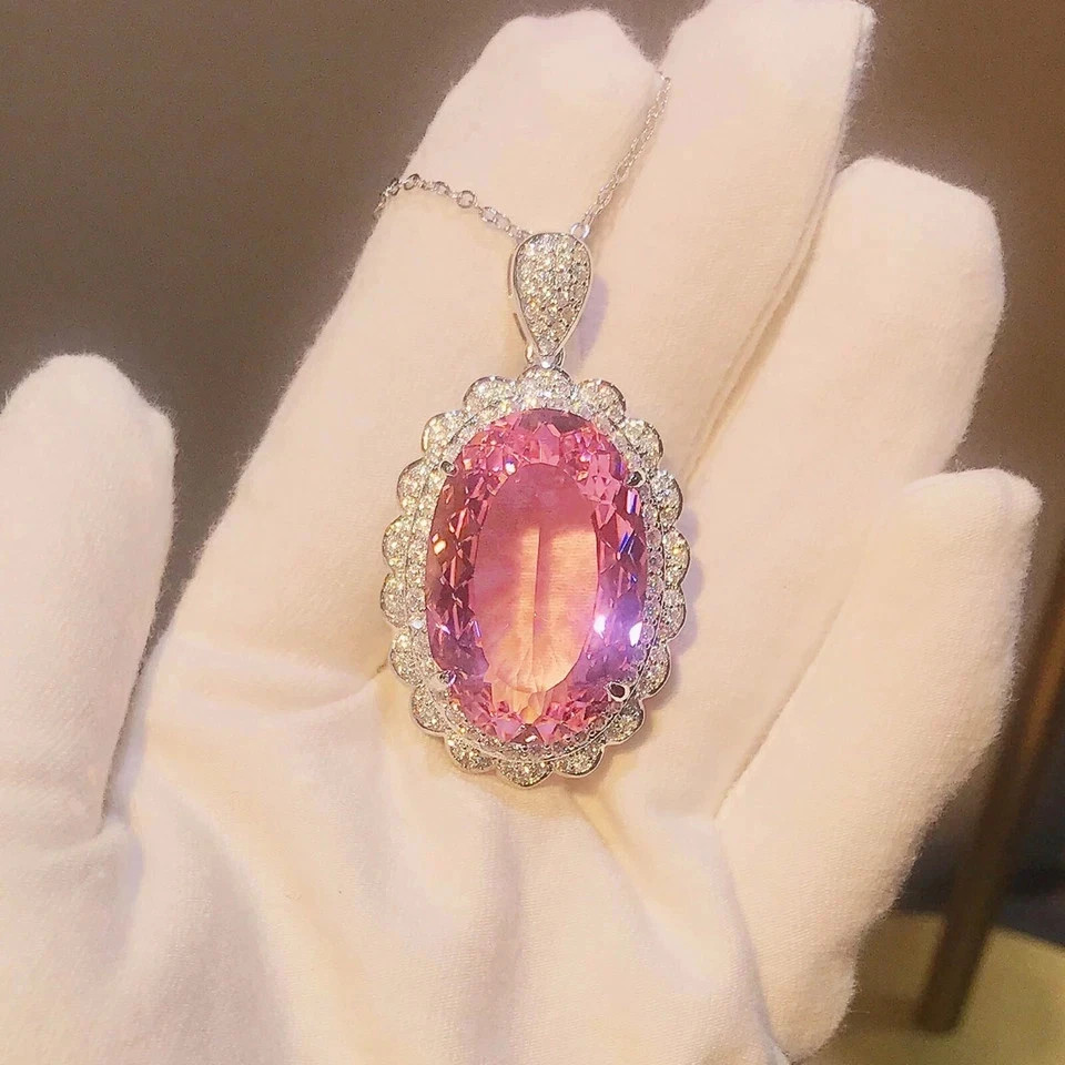 9.30Ct Oval Cut Natural Pink Sapphire & Diamond 14K White Gold Luxurious Pendant