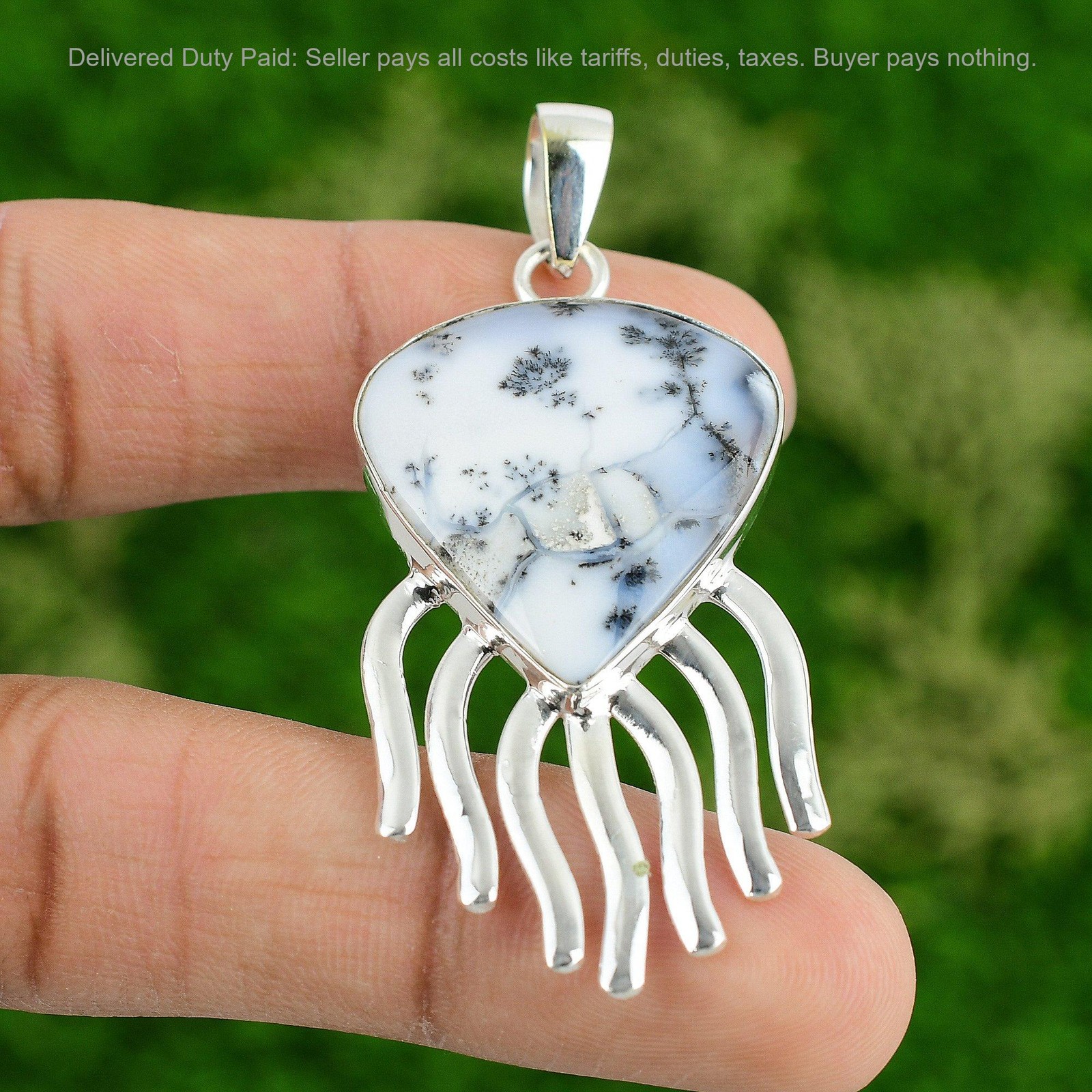 Dendrite Opal Gemstone Anniversary Birthday Bezel Sister Pendant Sterling Silver