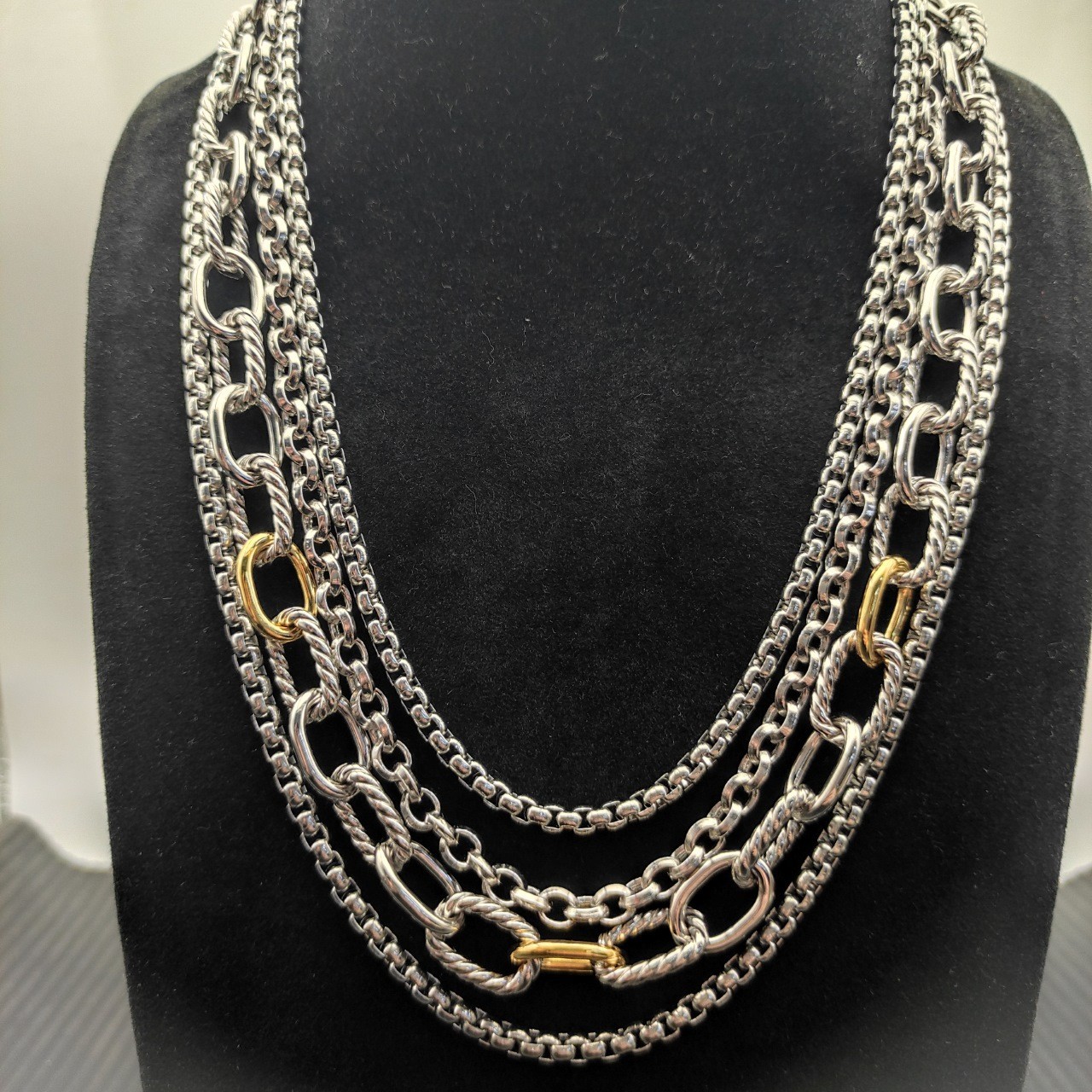David Yurman Cable Multi-Strand Two-Tone 925 Silver 18K Gold Layered Necklace
