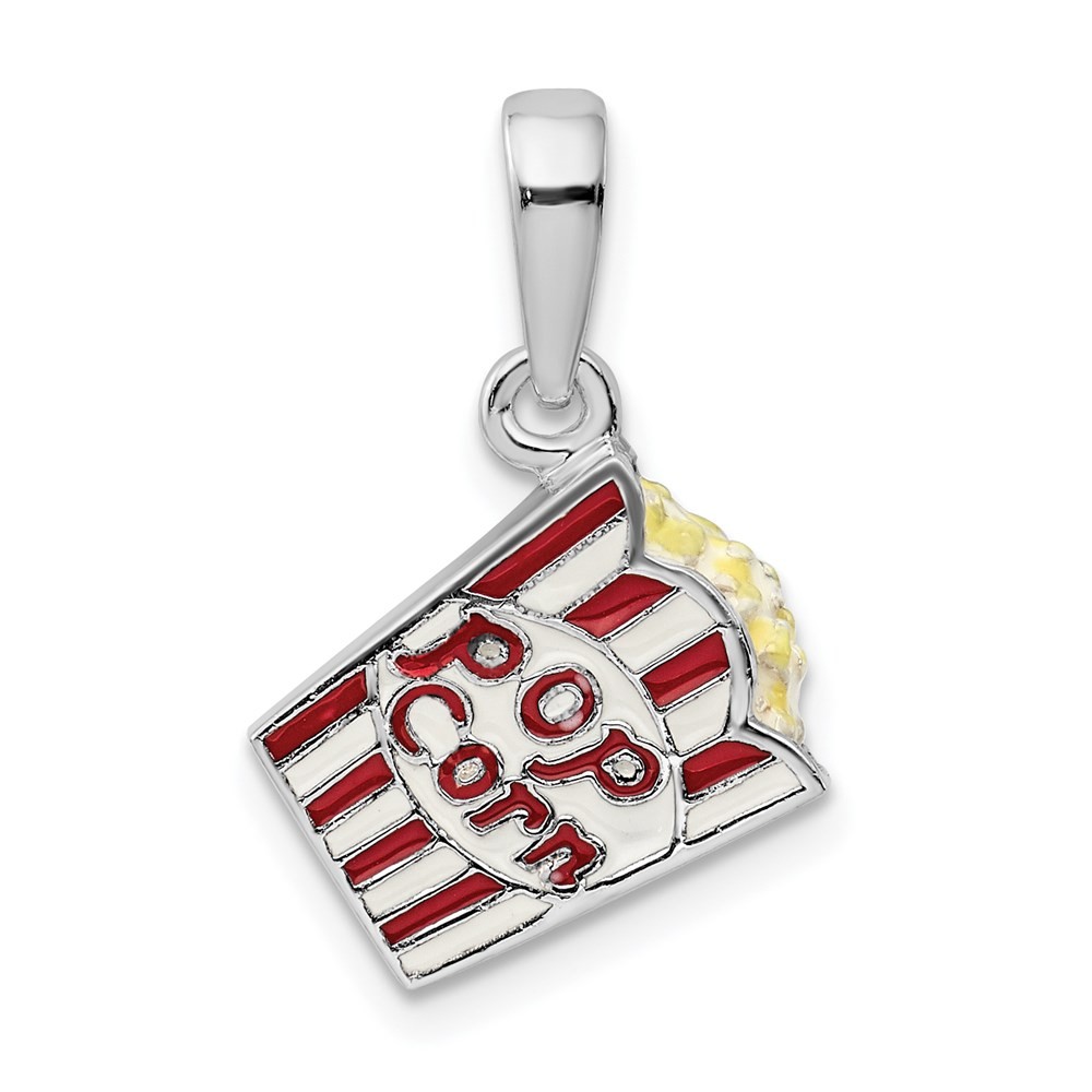 Sterling Silver Rhodium-Plated 3D Enameled Bag of Popcorn Pendant 4.05gm L-21 mm