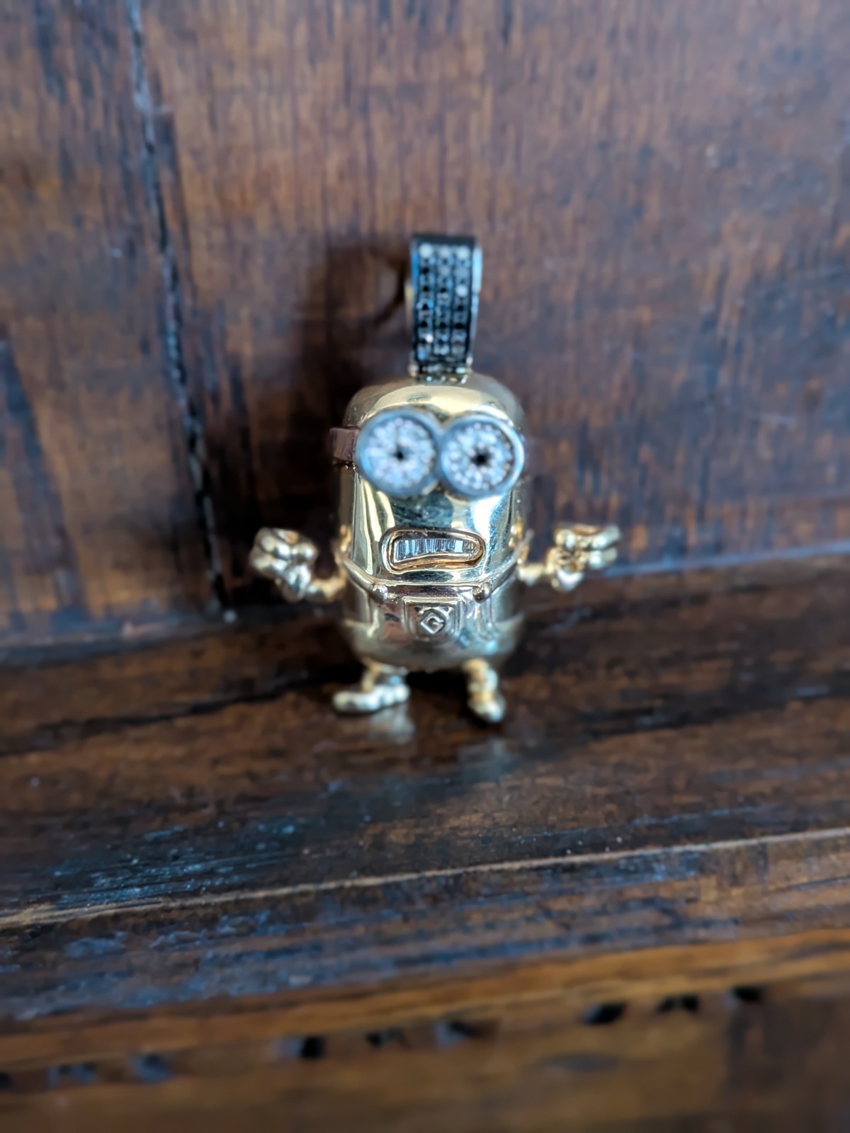 One of a Kind 14k Gold Minion Pendant White & Black Diamond 15.11g