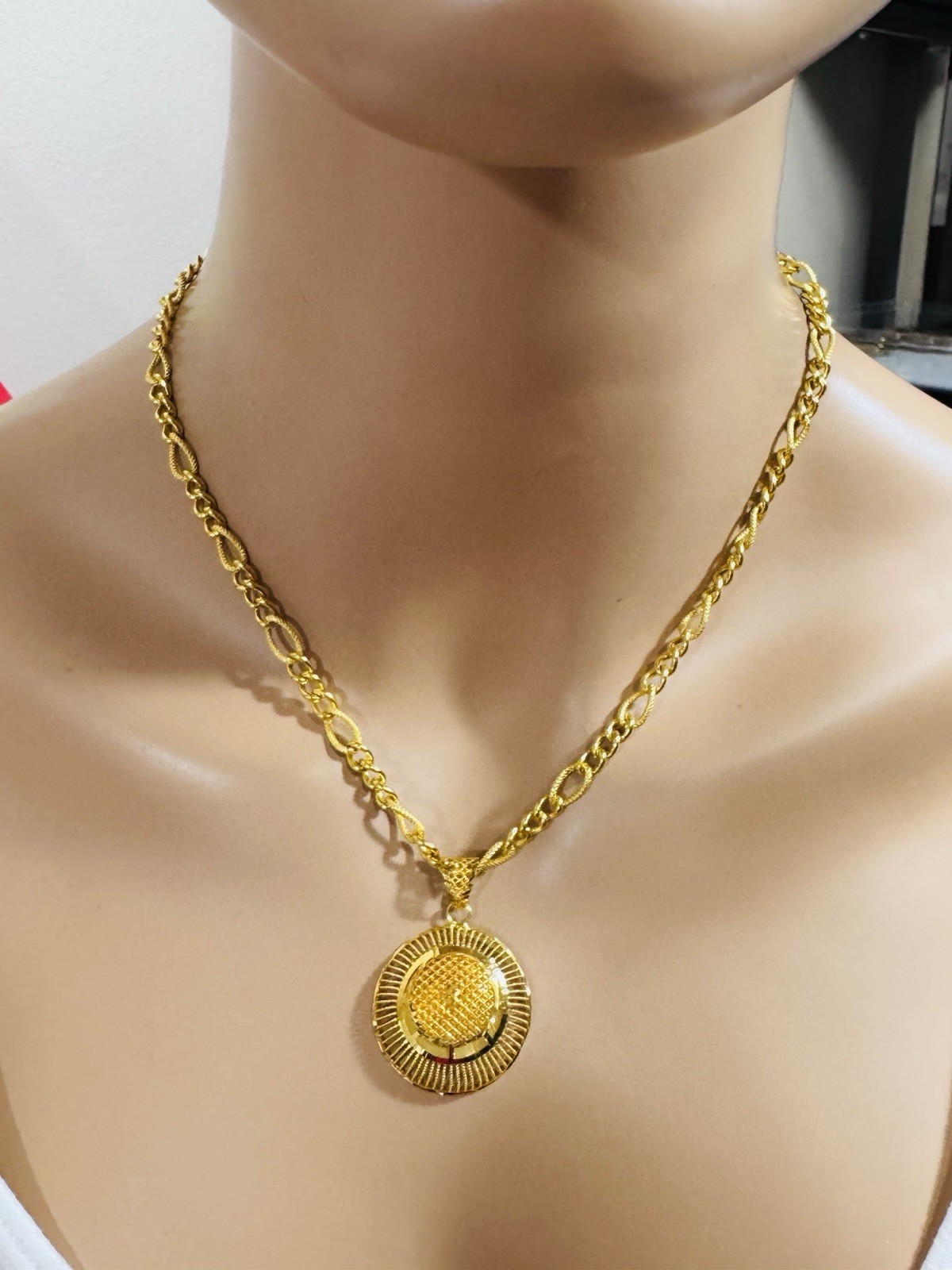 Saudi Dubai 22K Solid 916 Real Gold Round Earring Necklace 18” Long 21.45g 5.5mm