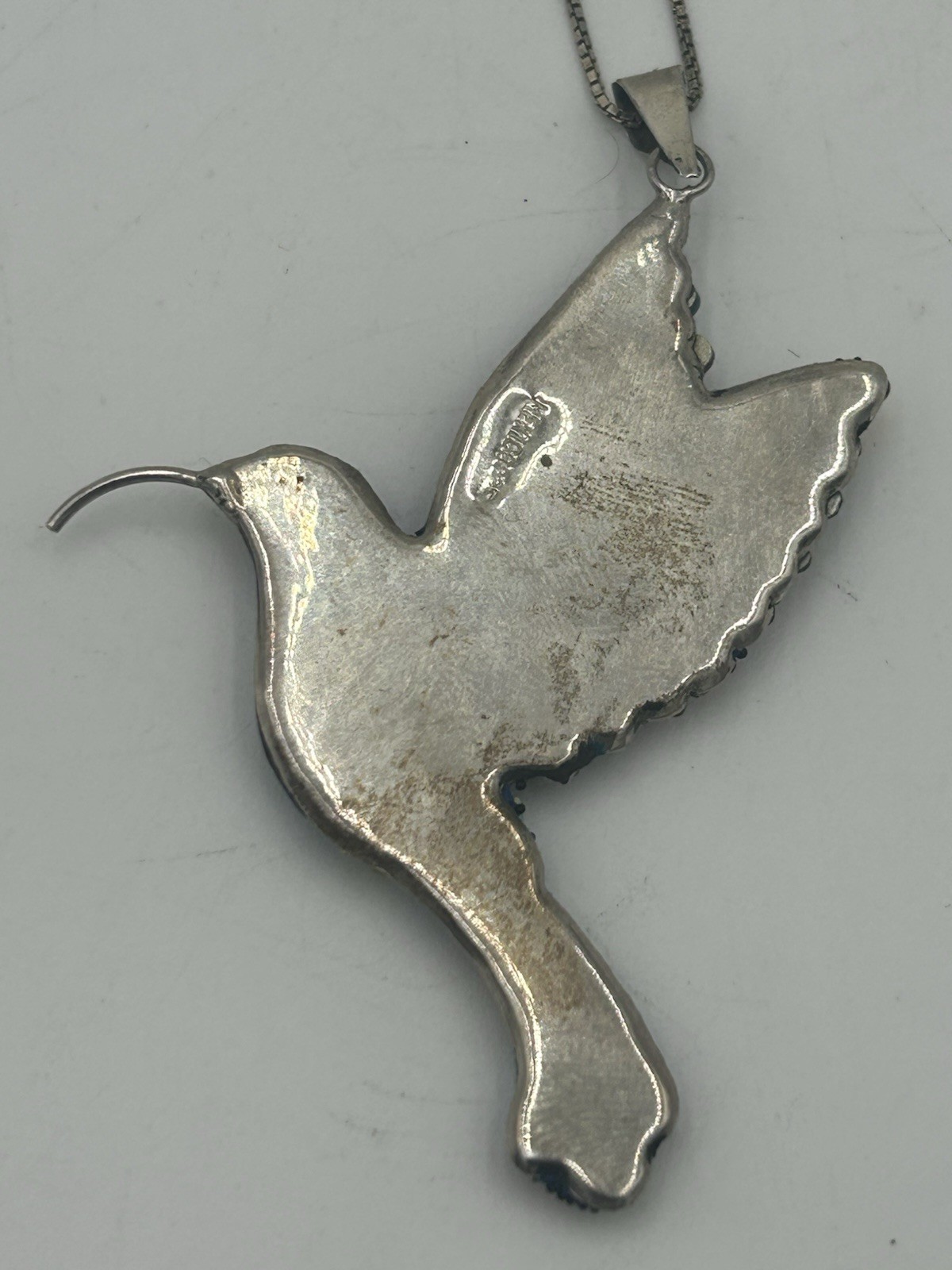 Mexico Sterling Silver Beaded Multi Colored Rhinestone Hummingbird Pendant 925