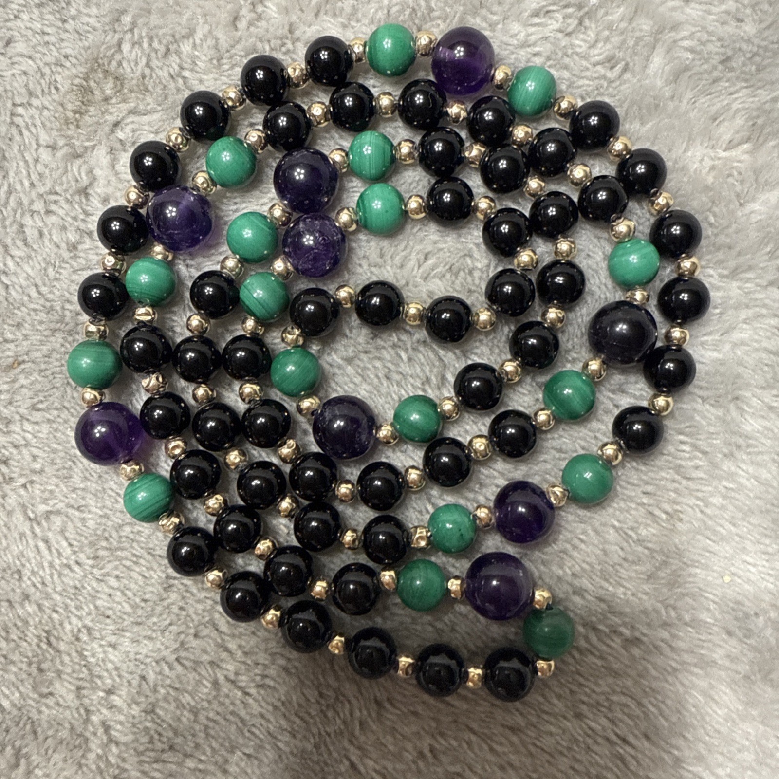 Yellow 80+ Gold Beads Spacer Black Onyx Amethyst Long Bead Necklace 26” 31g