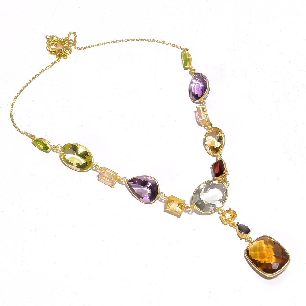 Natural Multi Gemstone AAA Statement Necklace Gold Plated 925 Sterling Silver