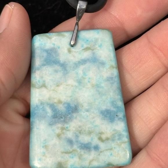 Turquoise Jasper Rectangle Slab Pendant .925 Sterling Silver bail Cord Necklace