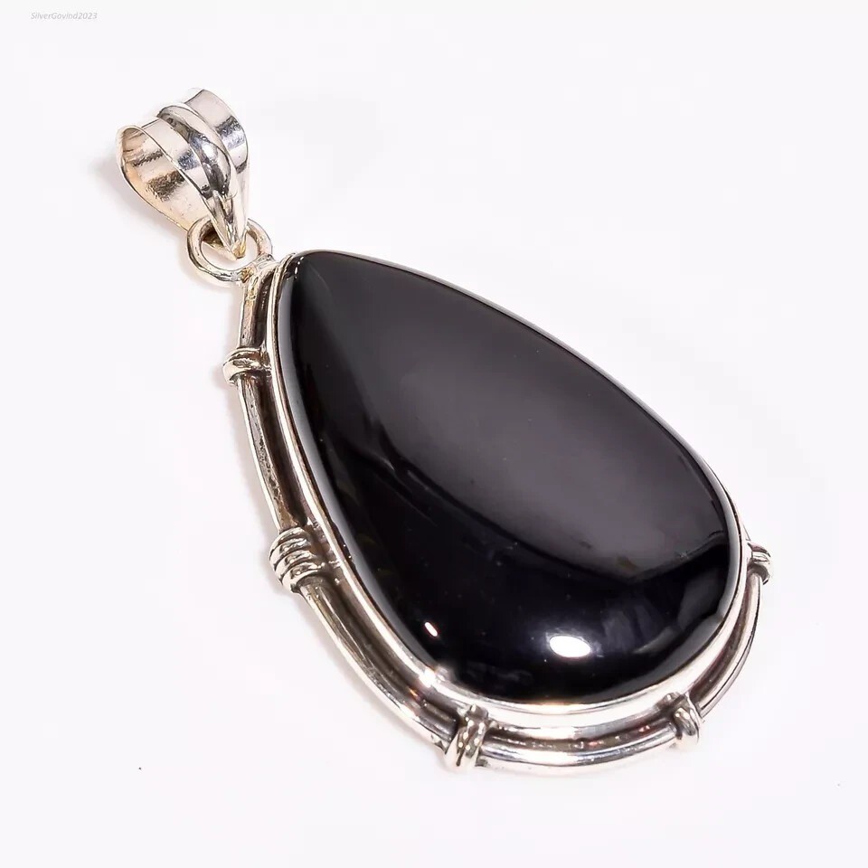 Black Onyx Gemstone Pendant 925 Sterling Silver Handmade Zealous Pendant