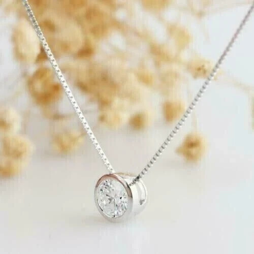 1Ct Round Cut Lab-Created Solitaire Diamond Bezel Pendant 14k White Gold Plated