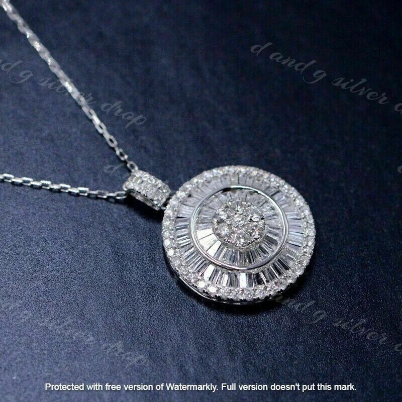 3Ct Baguette Cut VVS1/D Diamond Cluster Pendant 14k White Gold Finish Free Chain