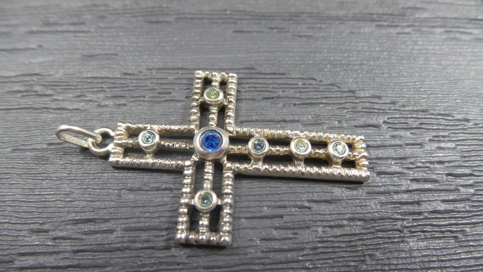 Vintage Sterling Silver Larger Green Blue Stone Religious Cross Rope Pendant