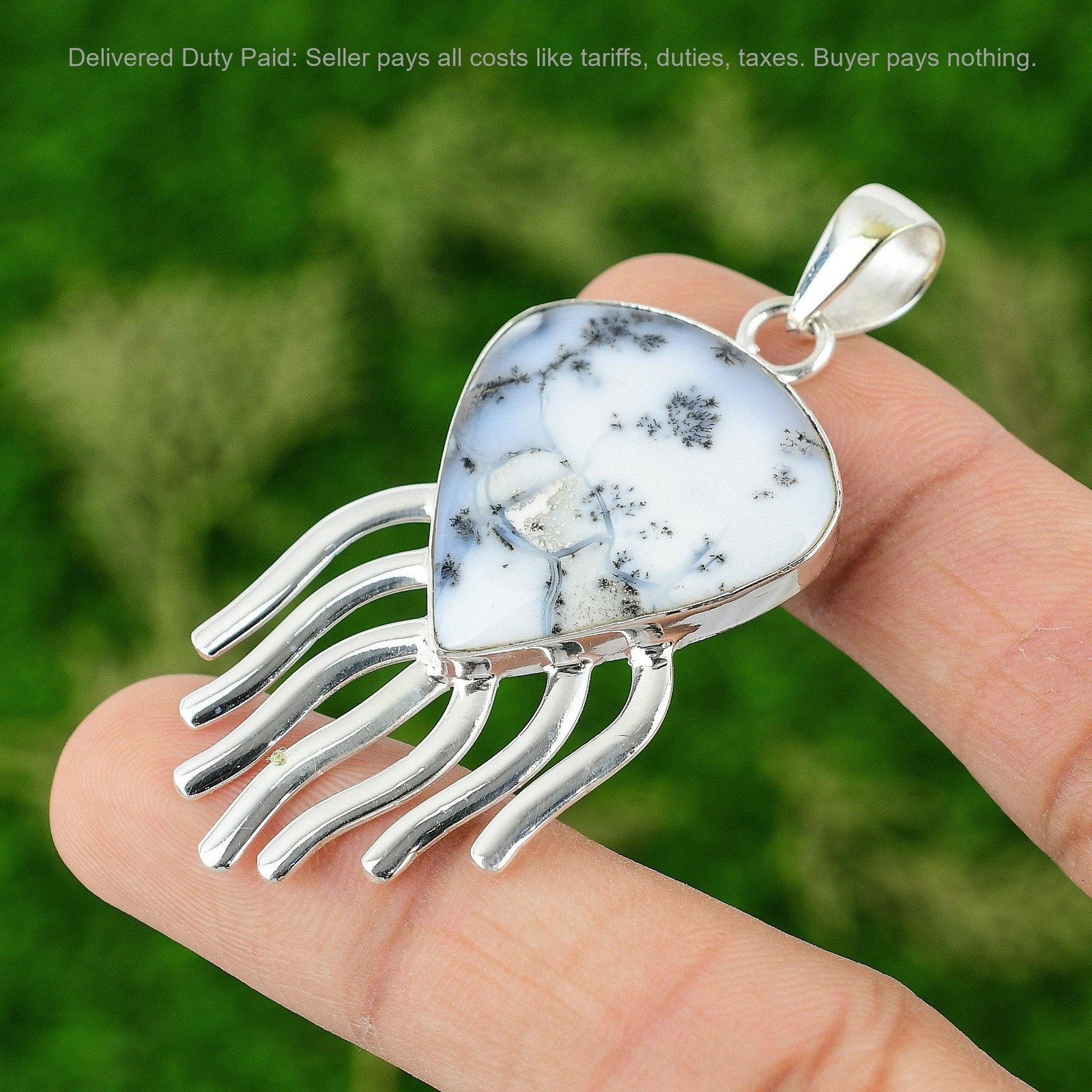 Dendrite Opal Gemstone Anniversary Birthday Bezel Sister Pendant Sterling Silver
