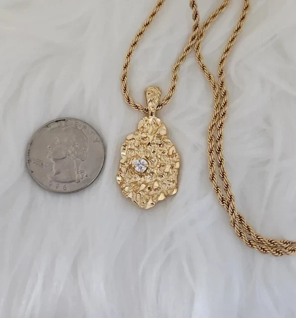 14K Yellow GoldPlatedDiamond Nugget Charm Pendant w/24″ Chain Necklace For Men’s