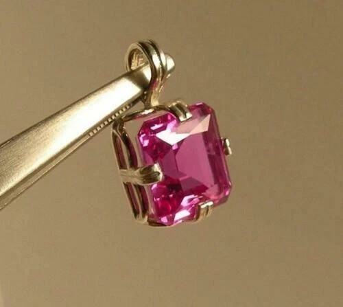 4Ct Princess Cut Pink Sapphire Solitaire Pendant 14K Yellow Gold Over Free Chain