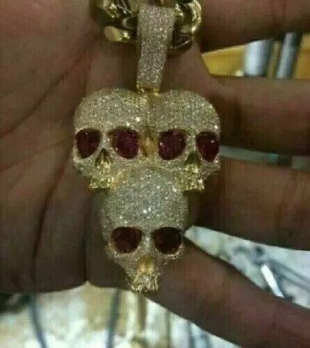 2.90Ct Lab Created Diamond Round Three Skull Head Pendant 14K Yellow Gold Plated