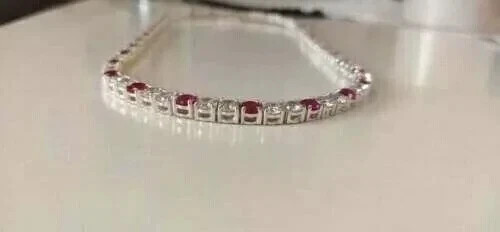 3MM Round Lab Created Ruby And Diamond Tennis Necklace 14K White Gold Plated 18″