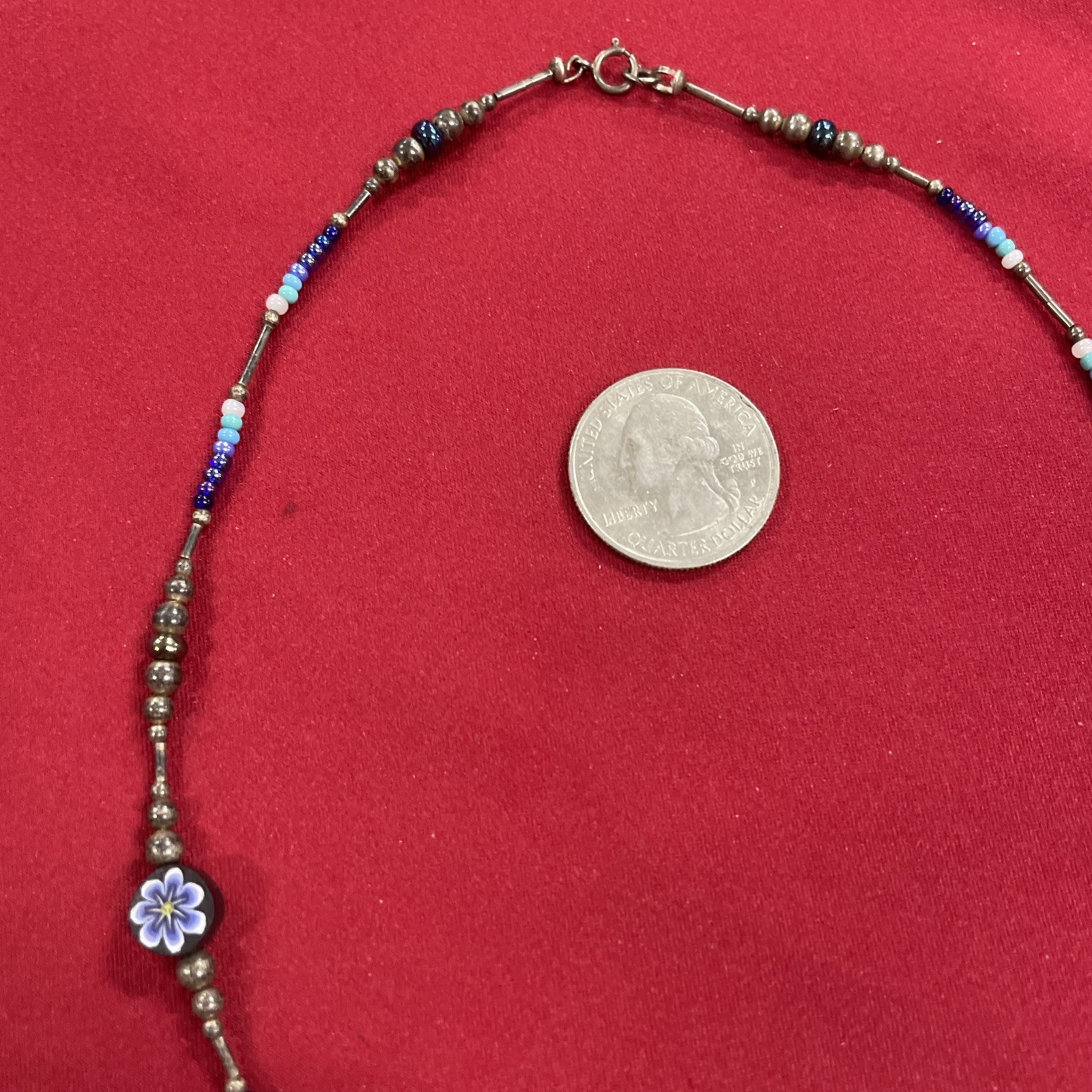 Sterling Silver 925 Clasped Beaded Green & Blue Flower 16.5” Necklace