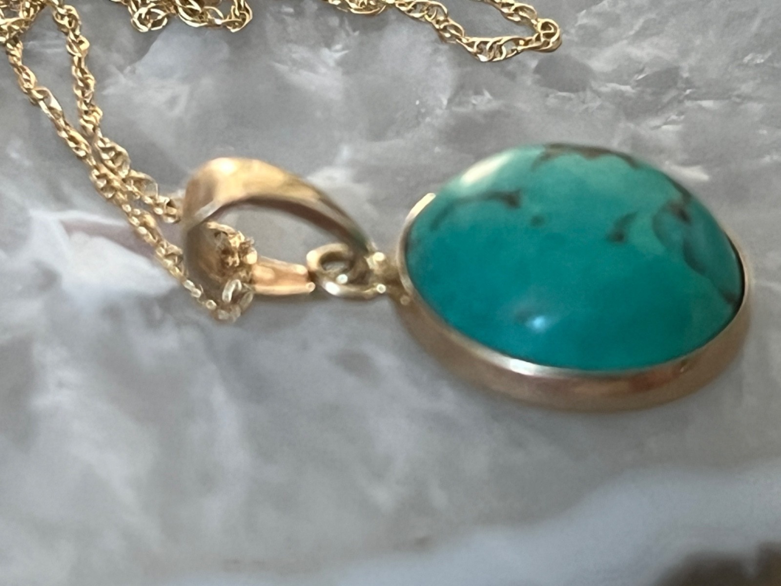 1970’s Vintage 14K Gold Robin’s Egg Turquoise Pendant & 10K Rope Chain Necklace