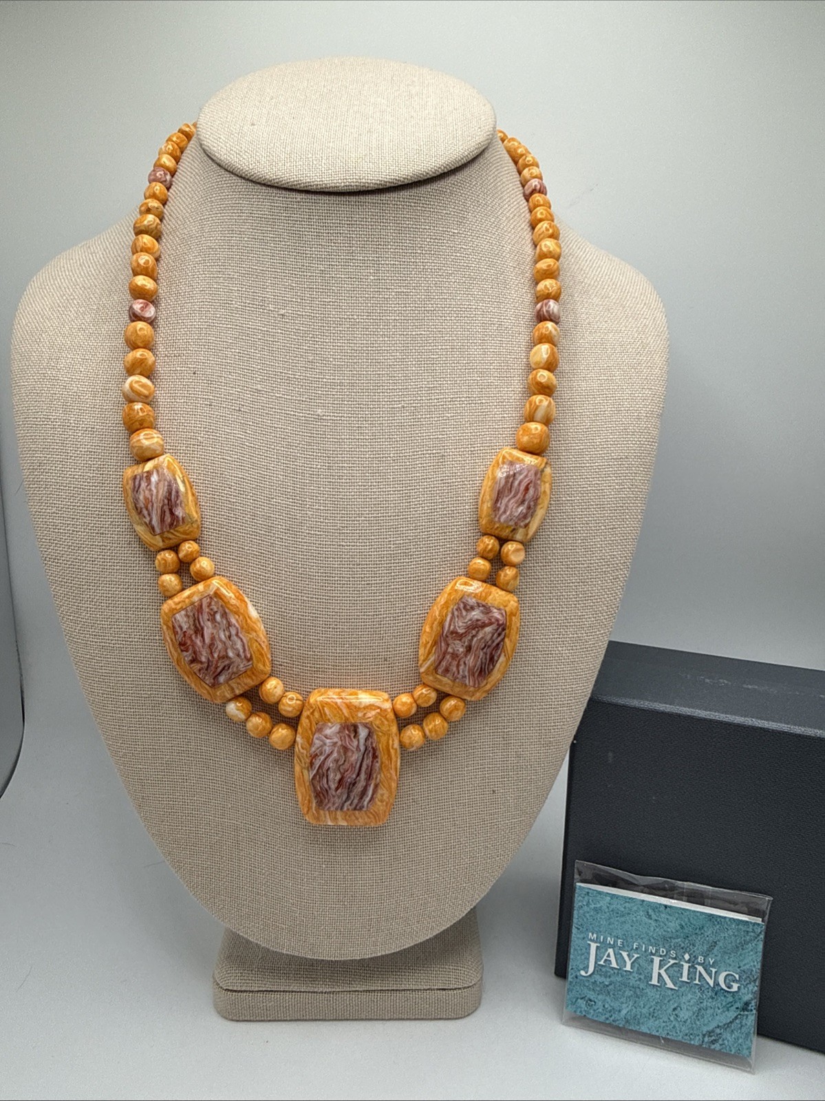 Jay King Natural Orange & Red Spiny Oyster Inlay Sterling Silver Necklace 18-21”