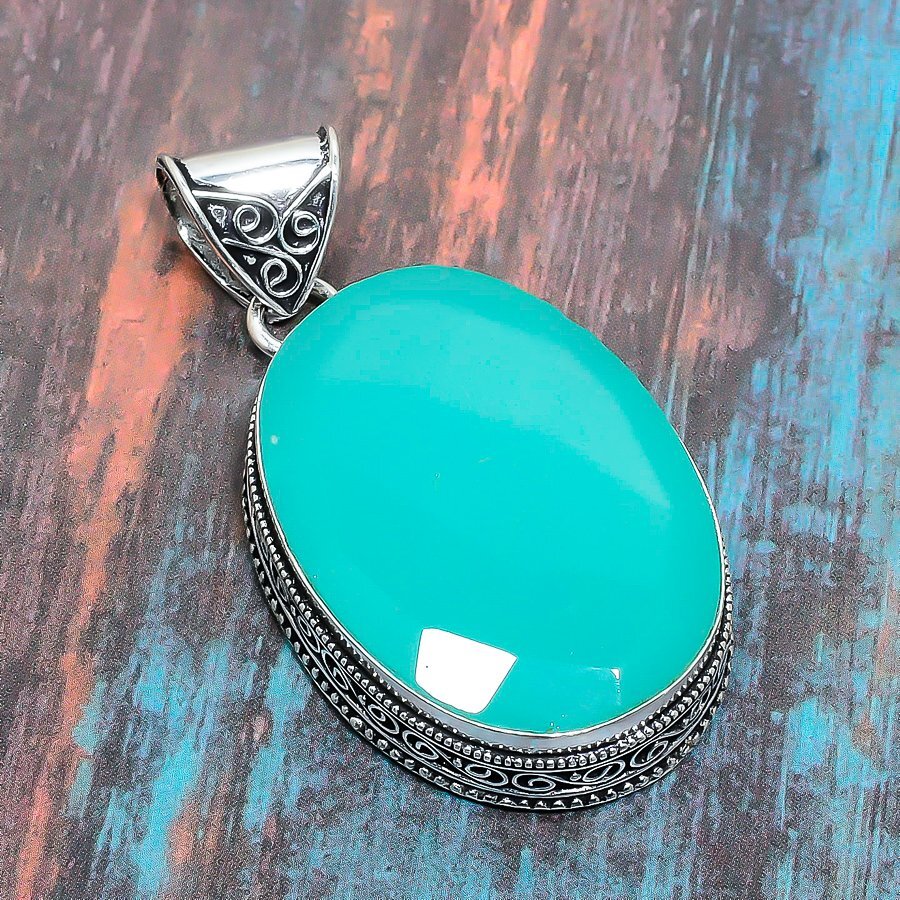 Aqua Chalcedony Gemstone Handmade Gift Jewelry Pendant 2.17″ k527