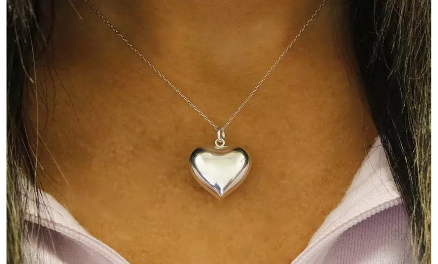 925 Solid Sterling Silver Puffed Heart Pendant Necklace Made In Italy – 18″