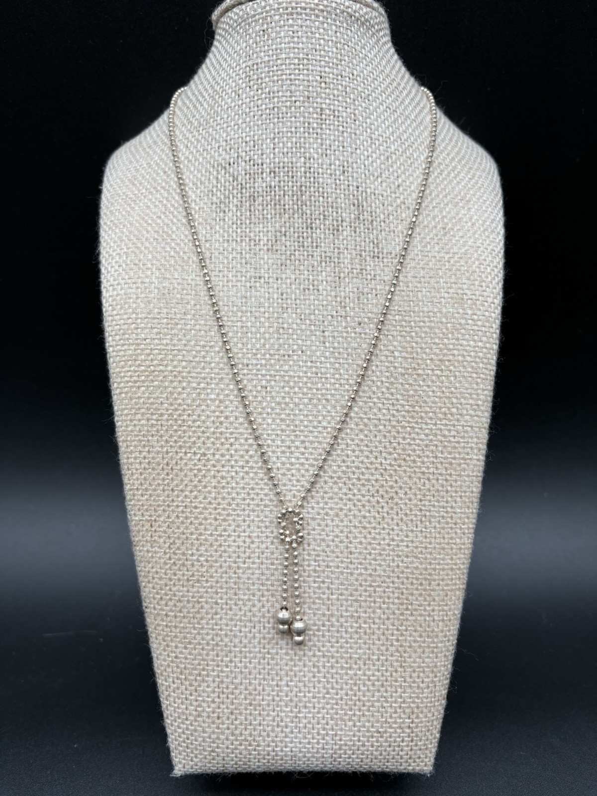 925 Sterling Silver Ball Chain Lariat Necklace Faceted Bead Drop 16-17”