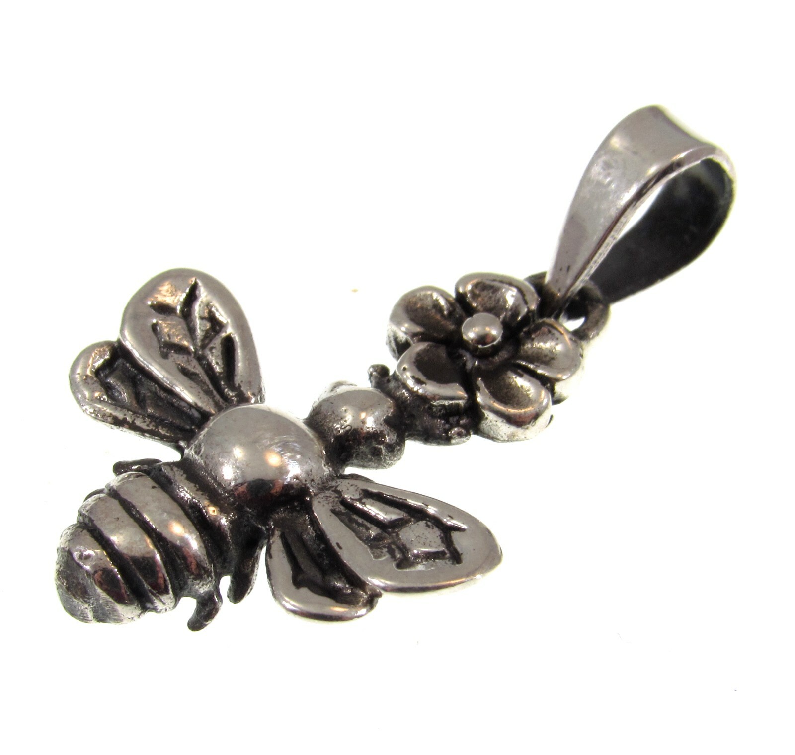 Handcrafted Solid 925 Sterling Silver Honey Bumble Bee and Flower Pendant Charm