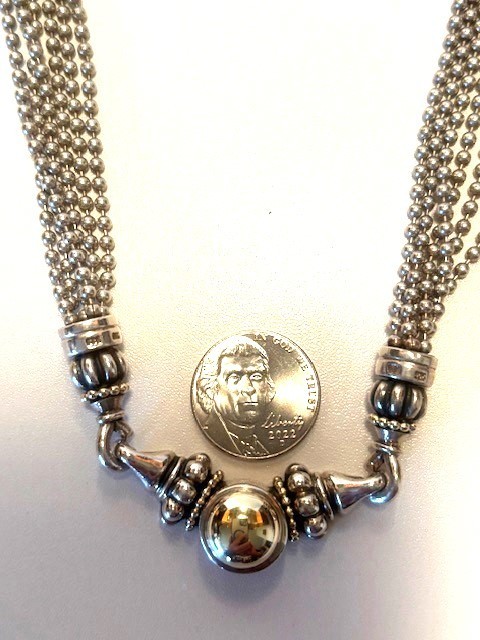 Lagos SS/18k Caviar Pendany and 6 strand chain. “C” clasp