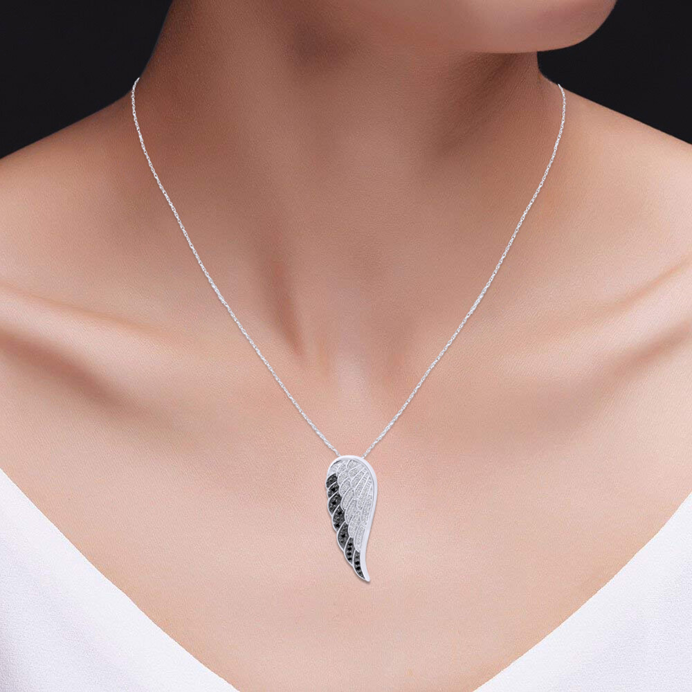 1/3ct White & Black Real Diamond Angel Wing Pendant Necklace 14K Gold, 18″ Chain