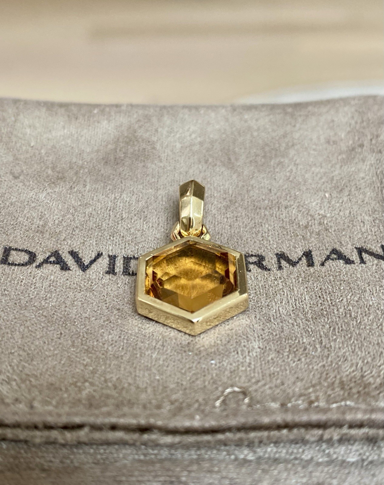 David Yurman 18k Yellow Gold Citrine Hexagon Amulet Enhancer Pendant 1” $2K