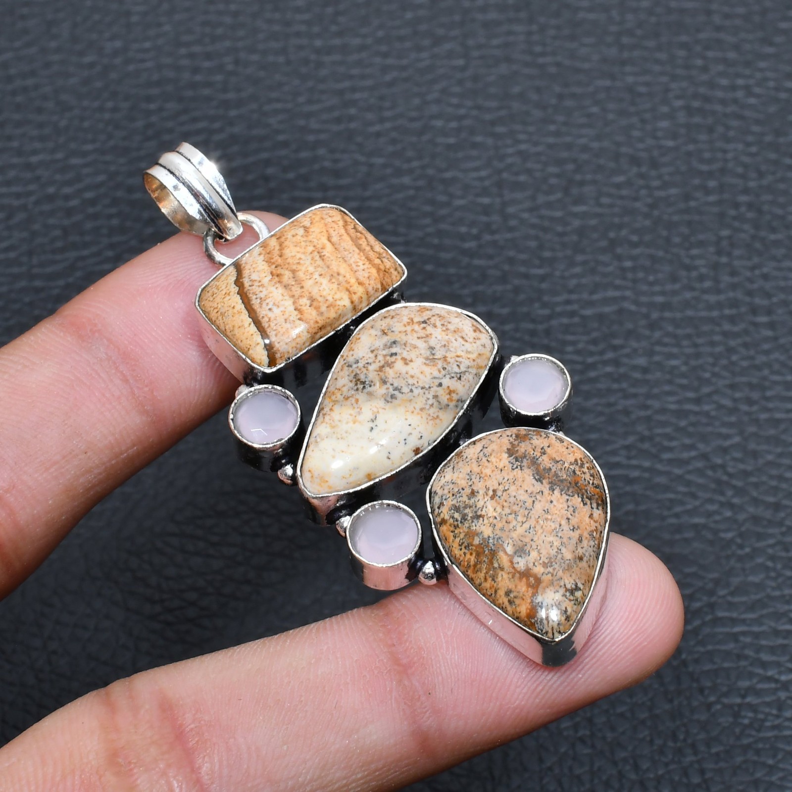 Picture Jasper, Pink Chalcedony 925 Sterling Silver Jewelry Pendant 2.46″ W270