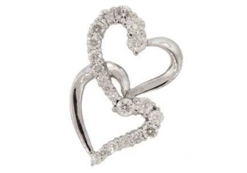 0.80 ct F VS round diamond double heart fashion pendant 14k white gold 24mm