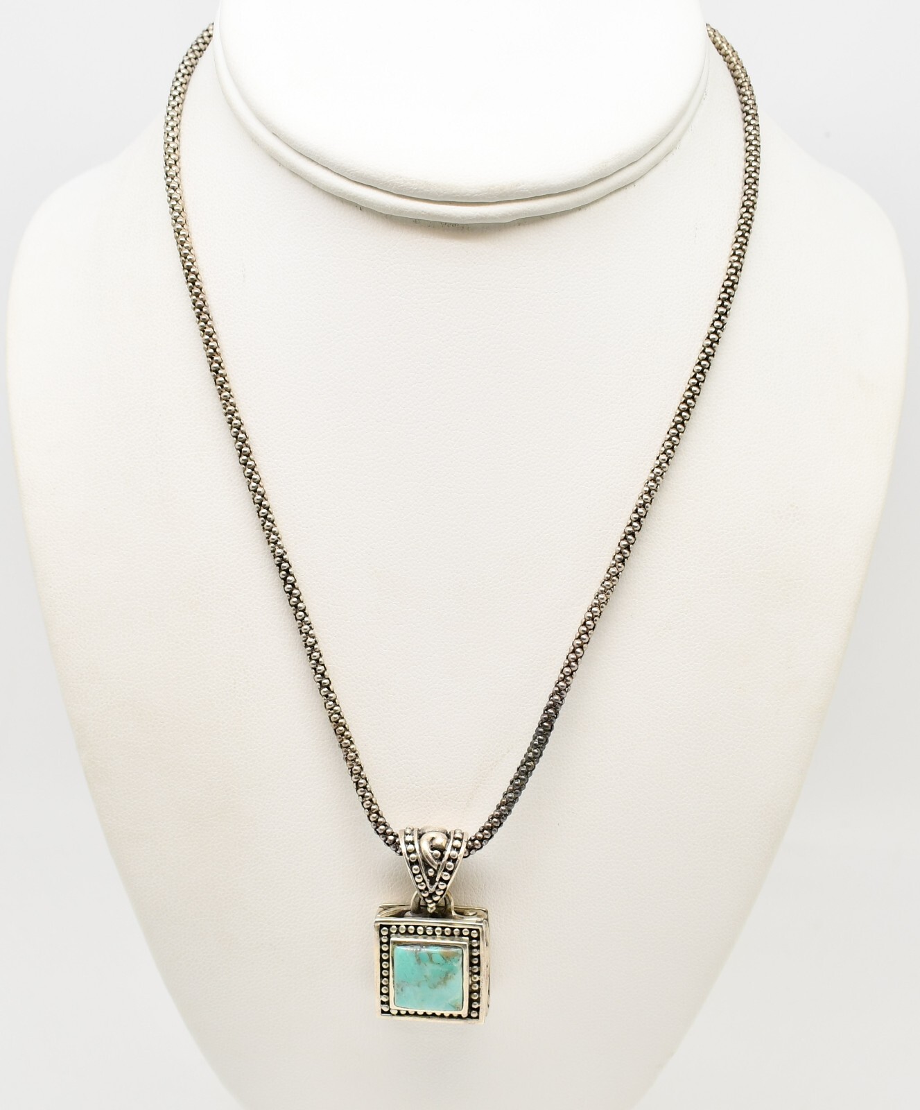 Sterling Silver Popcorn Chain Link Necklace w Turquoise Pendant 16.75″ #FMX690